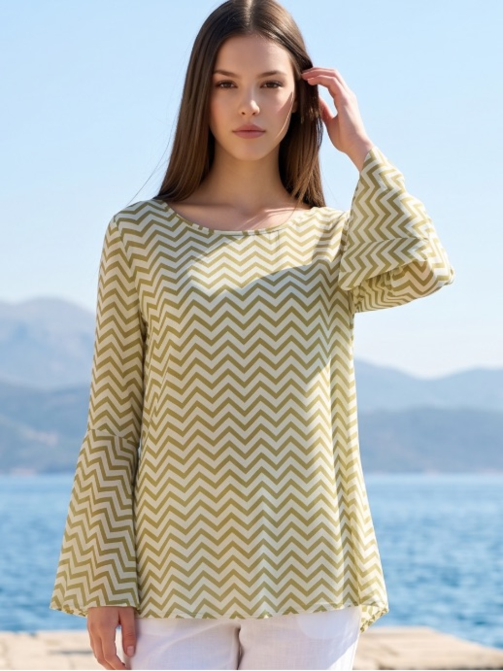 JUDITH MARCH Blouse Women’s Chevron Zig Zag Boho Lightweight Green White